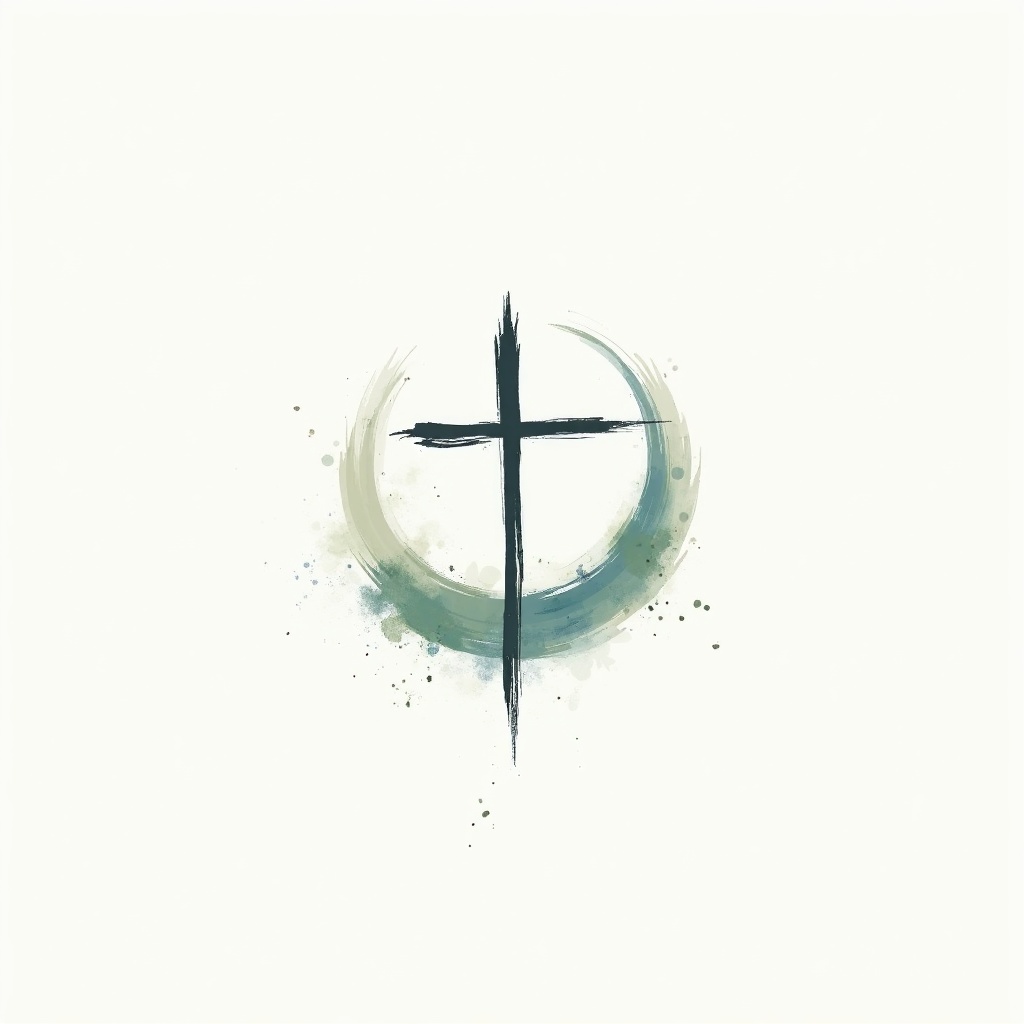Abstract artistic design featuring a cross within a circular, watercolor-like splash background.