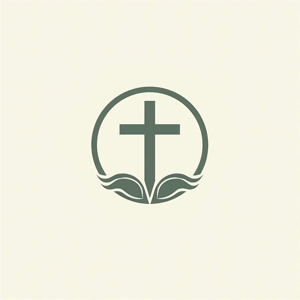 A circular logo featuring a cross at the center, surrounded by two stylized leaves, against a light background.