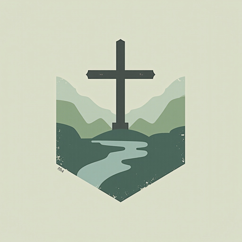 A stylized illustration of a cross on a hill surrounded by mountains and a winding river, set against a light background.