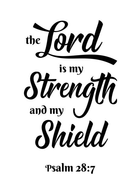 Artistic text design featuring the phrase 'the Lord is my Strength and my Shield' with the reference to Psalm 28:7.
