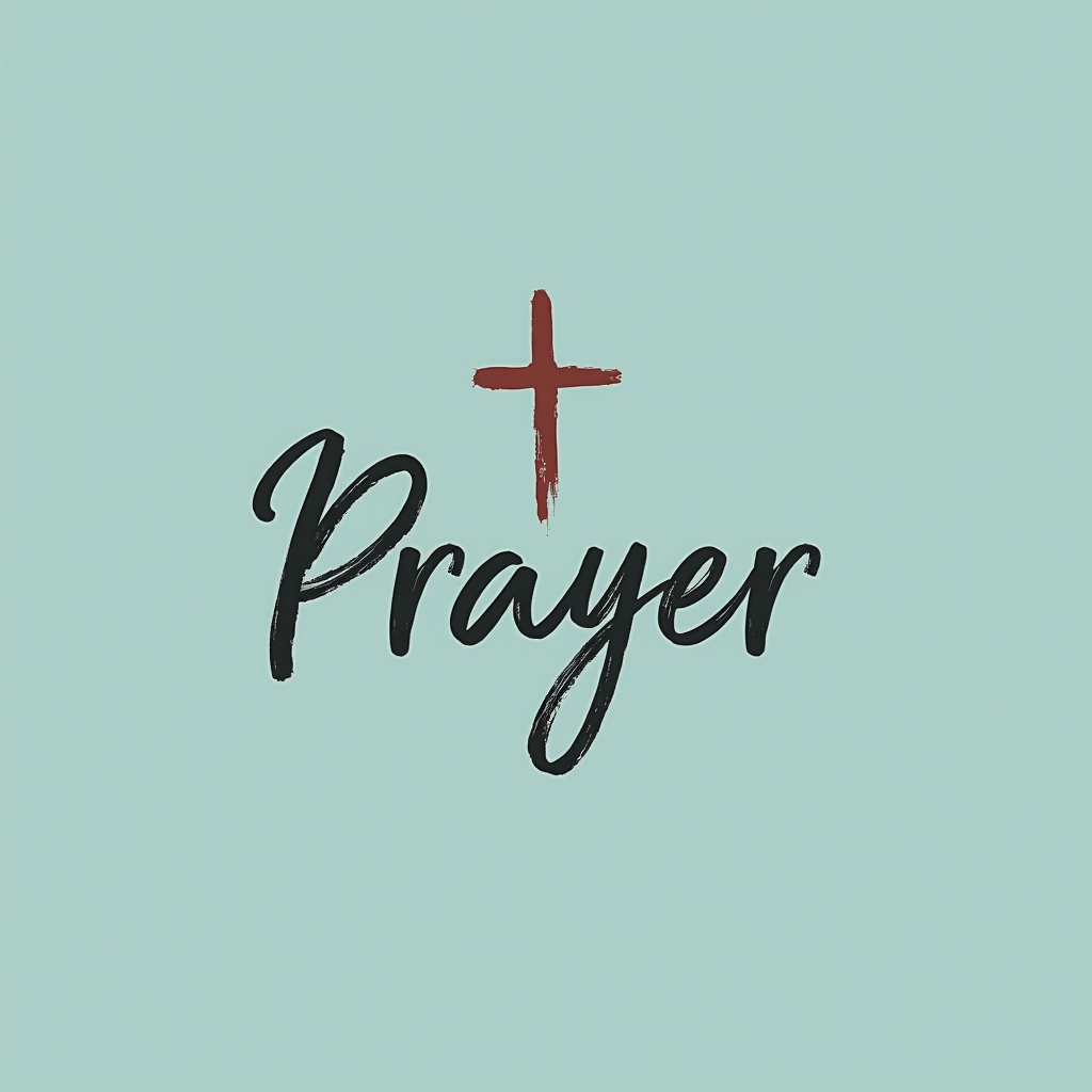 Text design featuring the word 'Prayer' with a cross symbol above it on a light blue background.